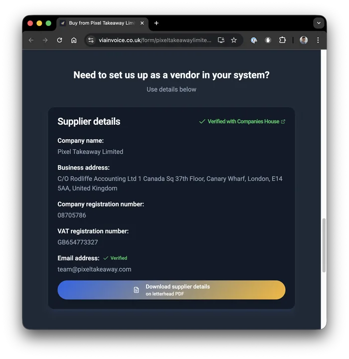 Supplier details verified against Companies House